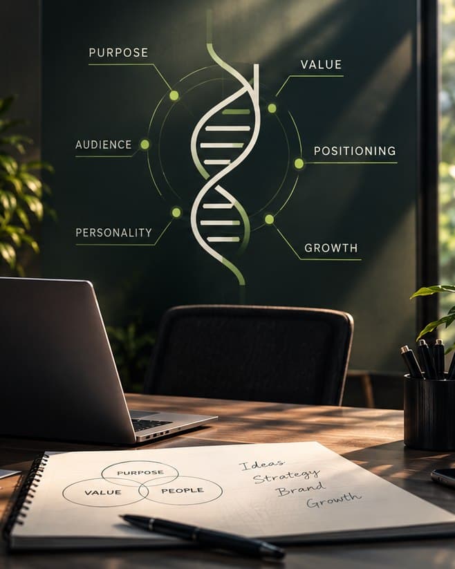 โต๊ะทำงานพร้อมแผนภาพ Brand DNA แสดง Purpose, Value, Audience, Positioning, Personality และ Growth