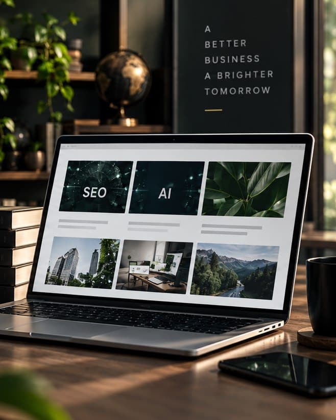 โต๊ะทำงานพร้อมหนังสือ SEO, AI & AEO, Content, Digital Marketing และ Business Strategy