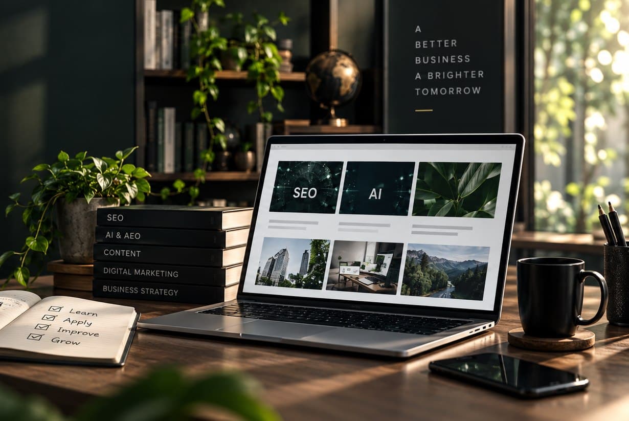 โต๊ะทำงานพร้อมหนังสือ SEO, AI & AEO, Content, Digital Marketing และ Business Strategy