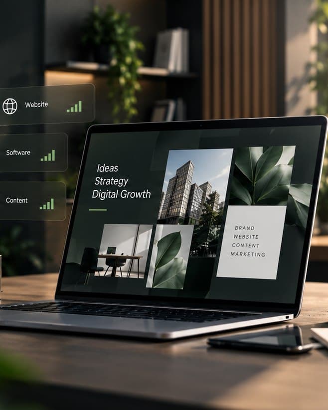 โน้ตบุ๊กแสดงงานออกแบบเว็บไซต์ พร้อมบริการ Website, Software, Content, TikTok Video และ Marketing